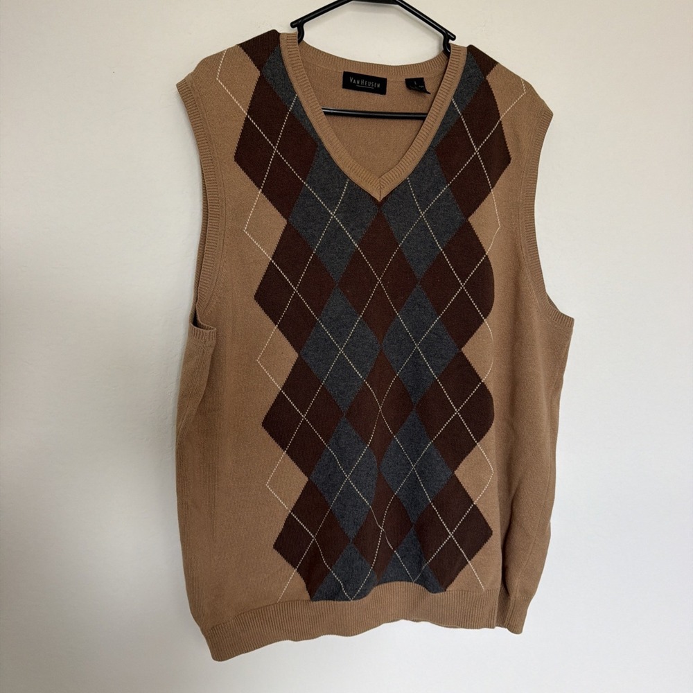 Van Heusen Mens Sweater Vest Large Sleeveless Pullover Argyle